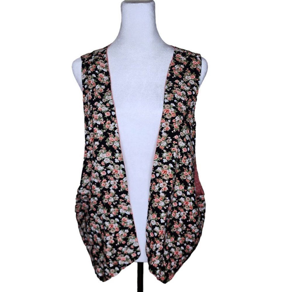 Vintage 90s Floral Vest Womens One Size Black PinkβReversible Country Cottage Co